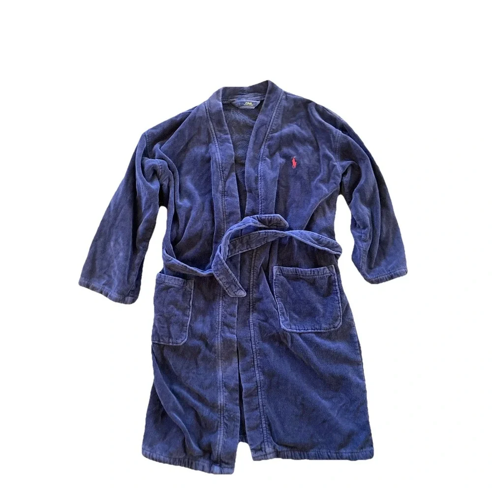 Polo Ralph Lauren Heavy Robe Men's S/M Blue Terry Cotton Bathrobe Belted Lounge